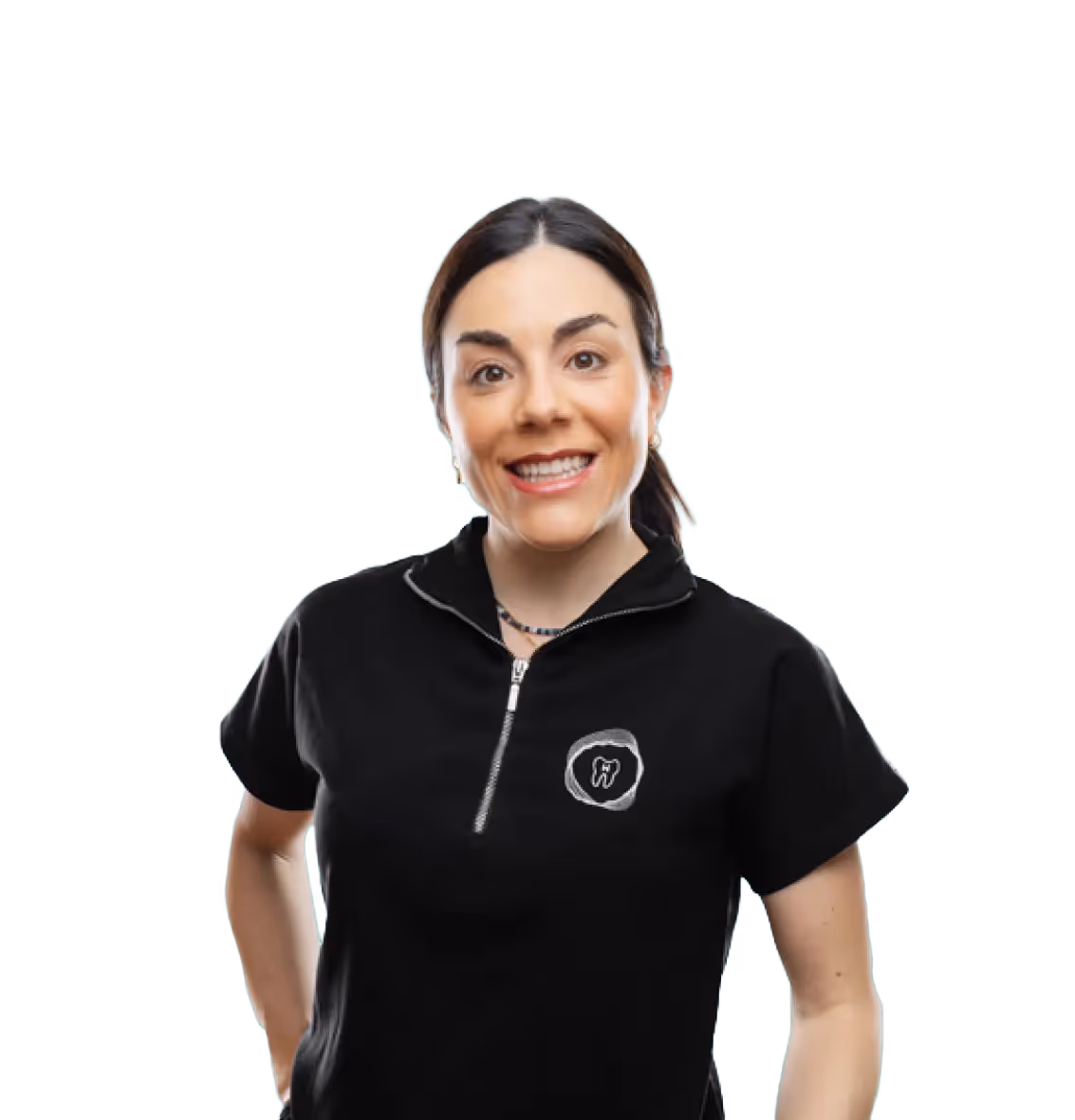 A smiling woman wearing a black zip-up shirt with a tooth-shaped logo on the chest.