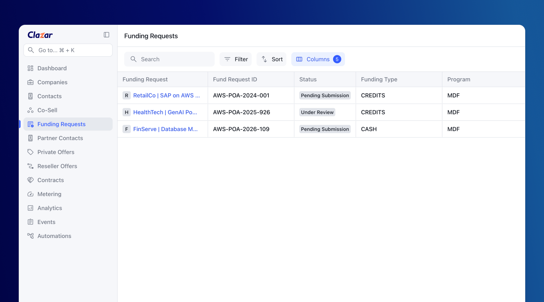 Funding Request UI of Clazar Product