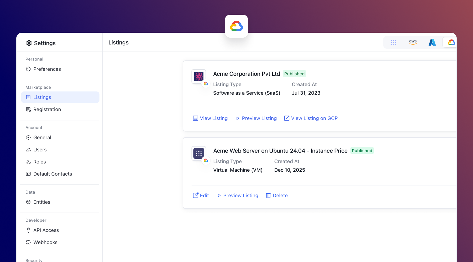 Clazar product UI of GCP Listing