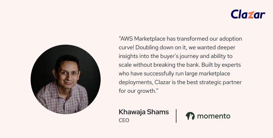 Customer testimonial graphic featuring a portrait of Khawaja Shams, CEO of Momento, alongside a quote praising AWS Marketplace and Clazar for enabling scalable marketplace growth and buyer journey insights. Includes Clazar and Momento branding.
