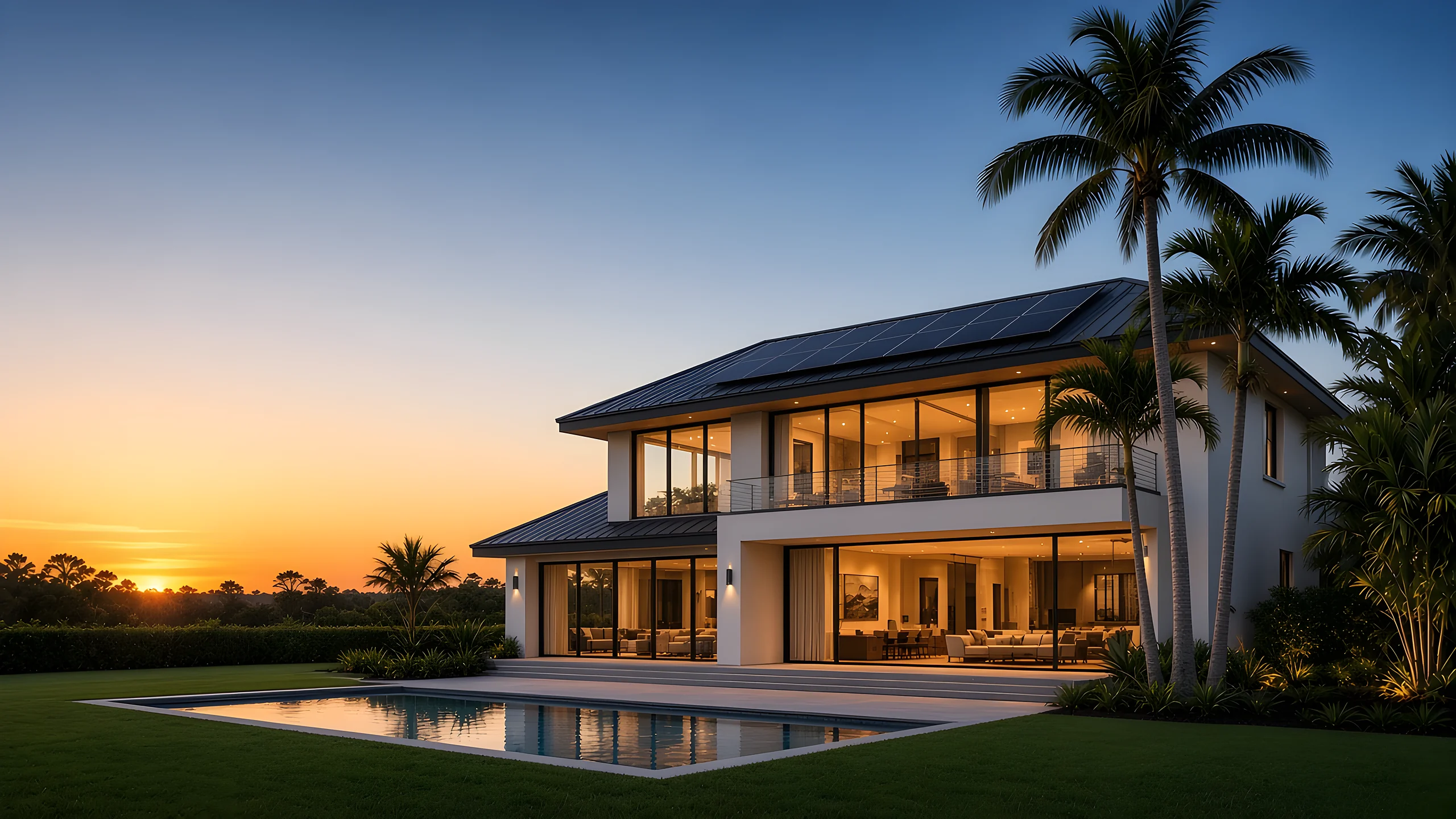Modern two-story Florida home with black solar panels and a pool at sunset