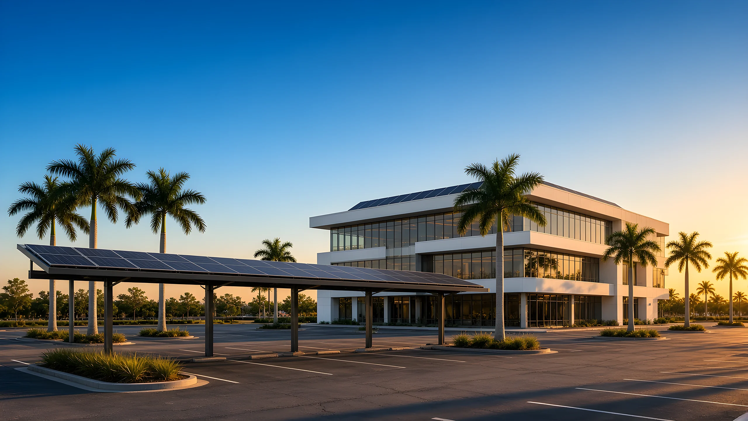 Modern commercial office building with rooftop solar and a solar carport at golden hour