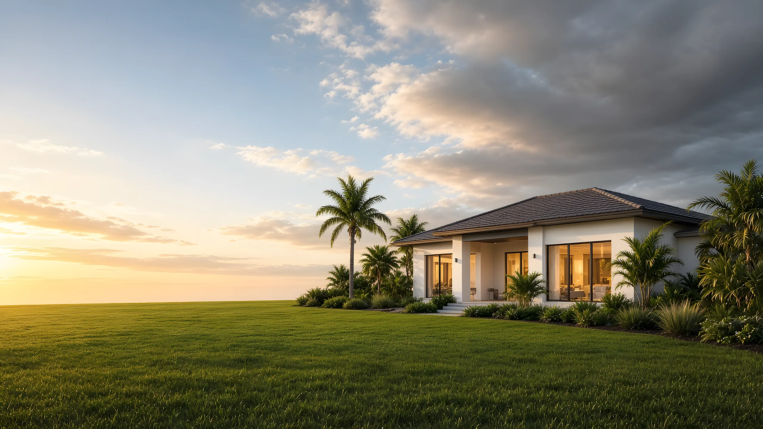 Florida home with palm trees as storm clouds clear at golden hour