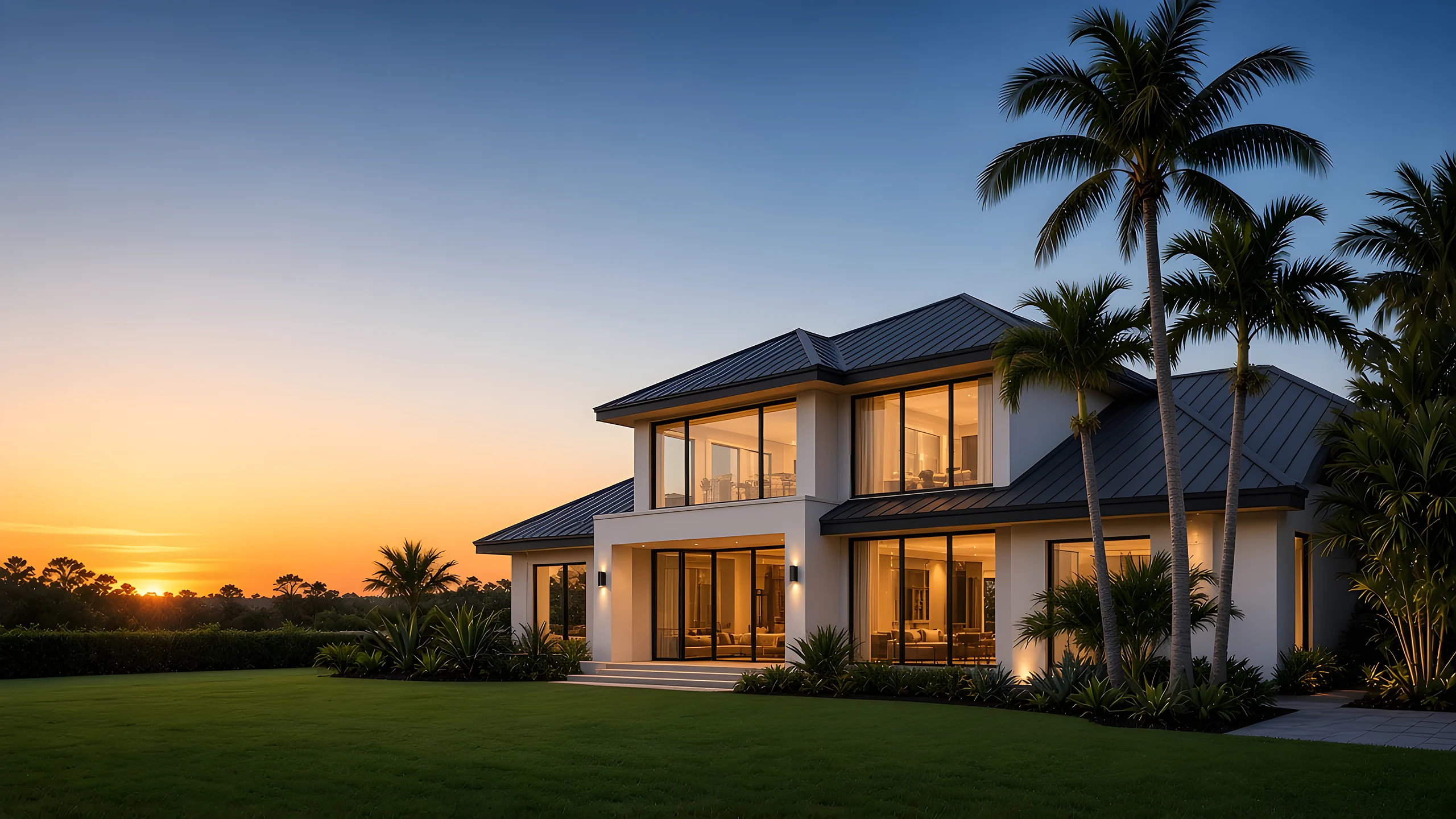 Two-story Florida home with a dark metal roof and palm trees at sunset