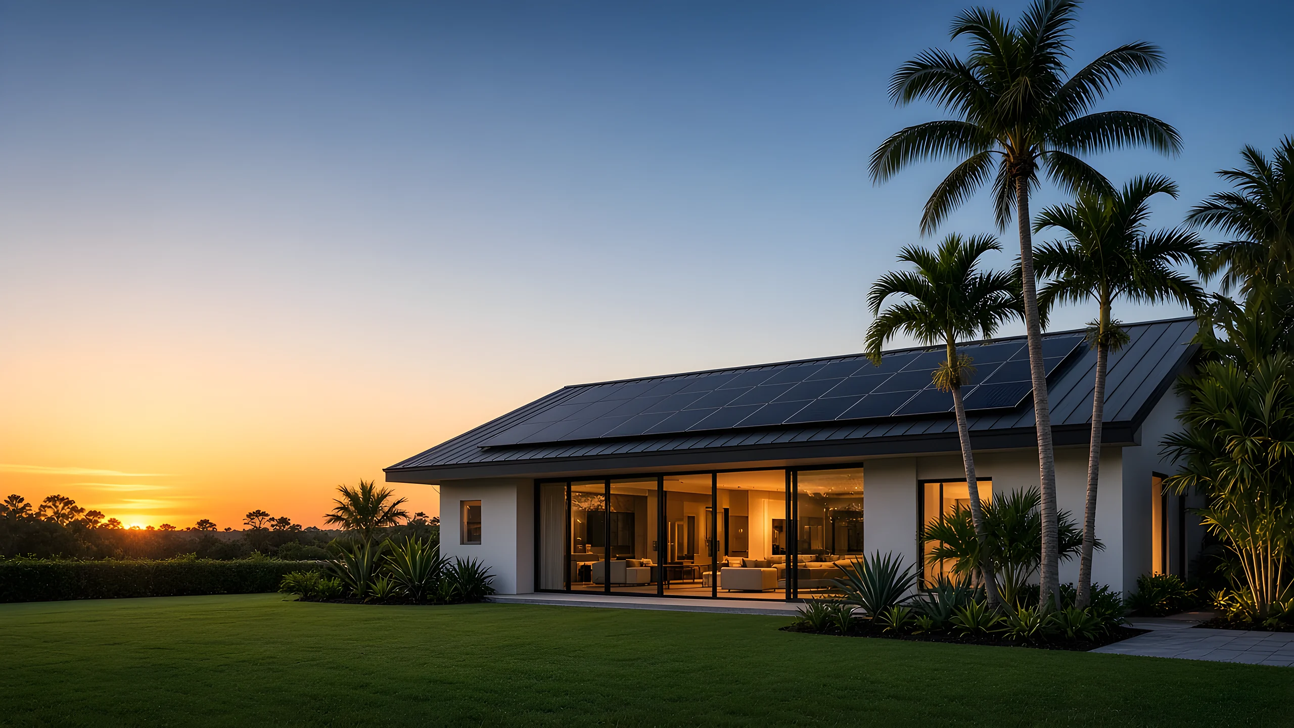 Modern Florida home with black solar panels on a dark metal roof at sunset