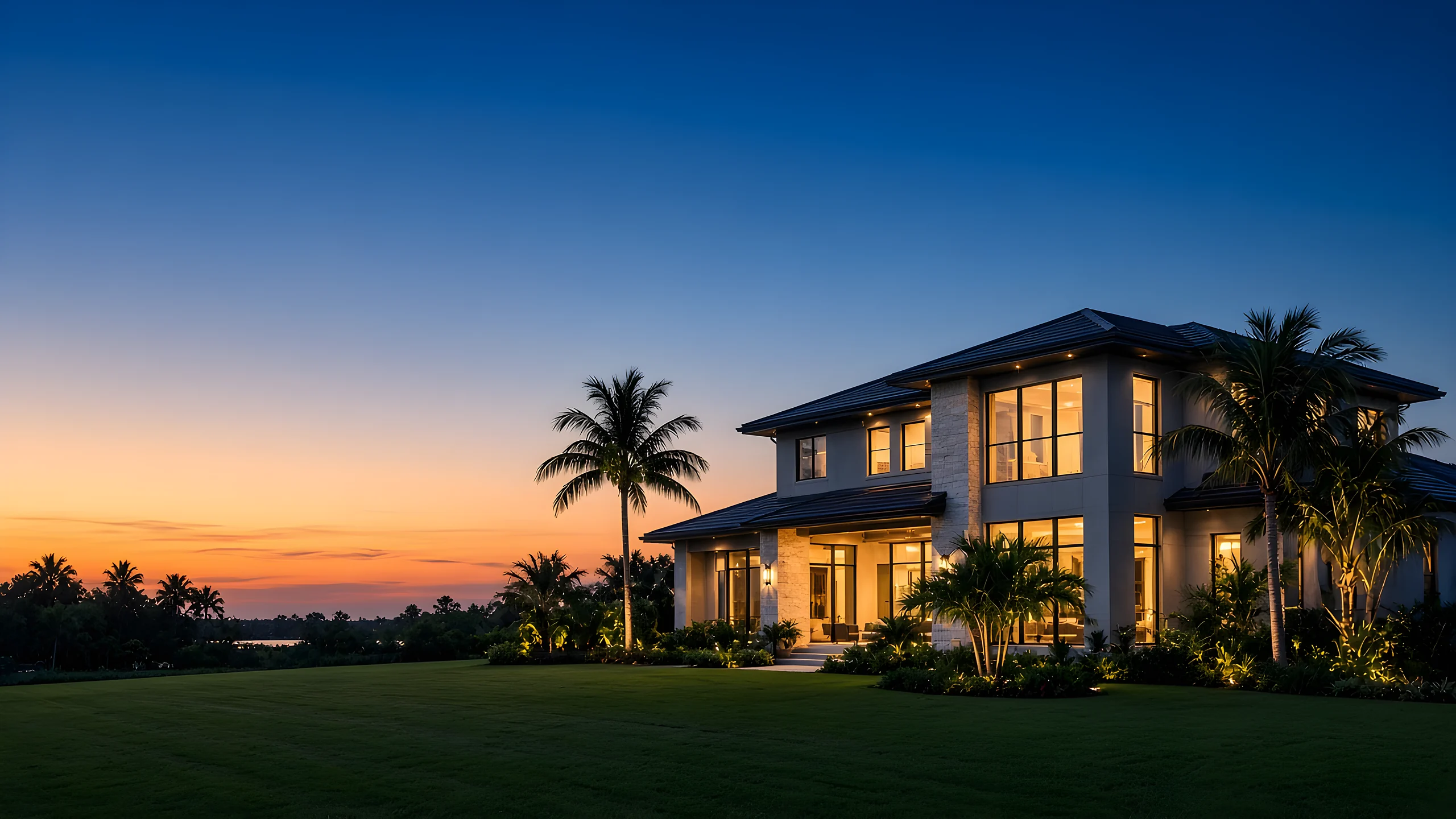 Two-story Florida home with warm lit windows at twilight