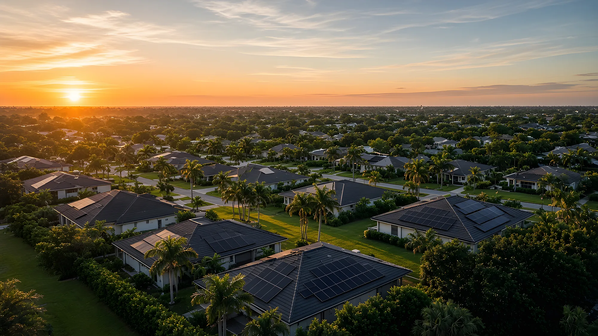 Aerial view of a Florida neighborhood with solar panels on several roofs at sunset