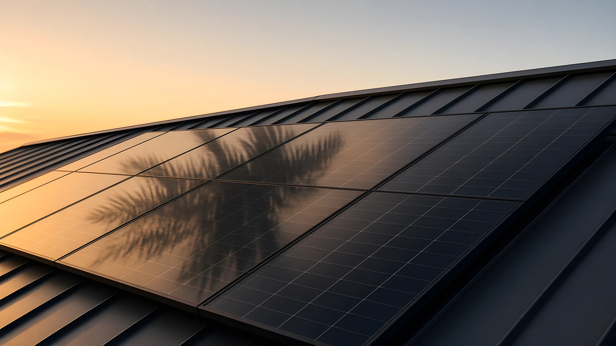 Close-up of black solar panels on a dark standing-seam metal roof at golden hour