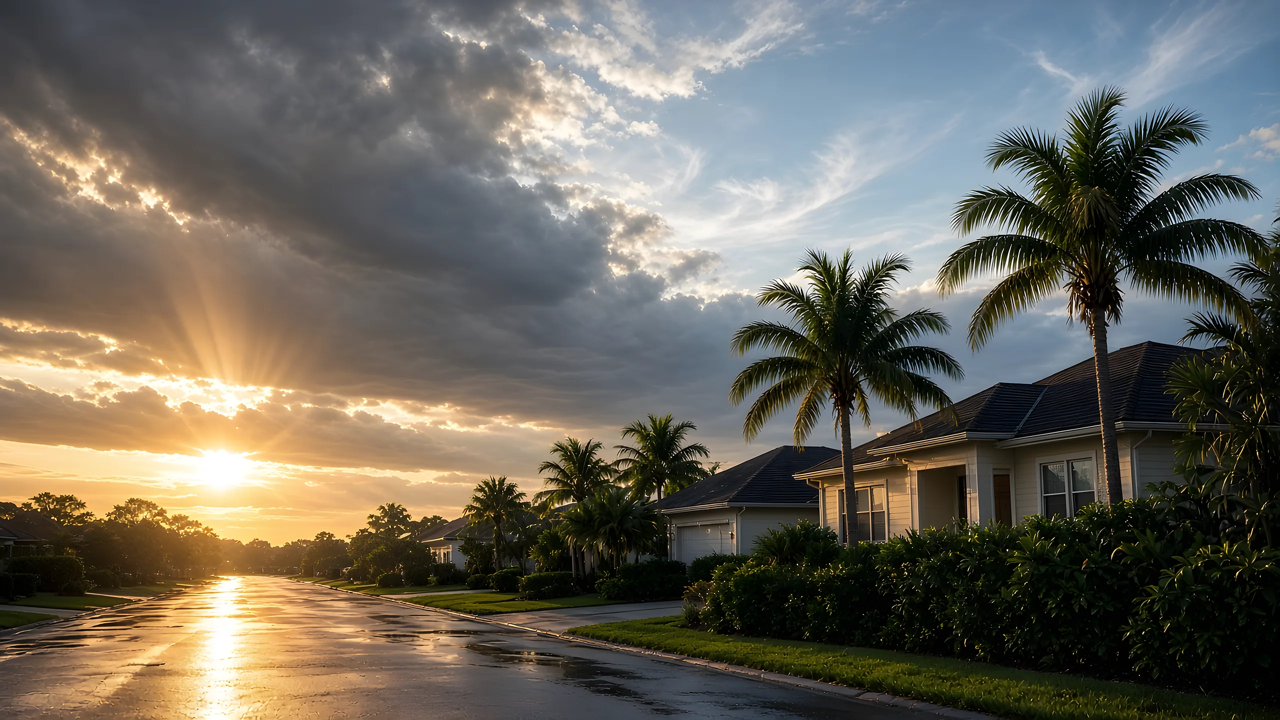 Storm clouds clearing over a quiet Florida street at golden hour