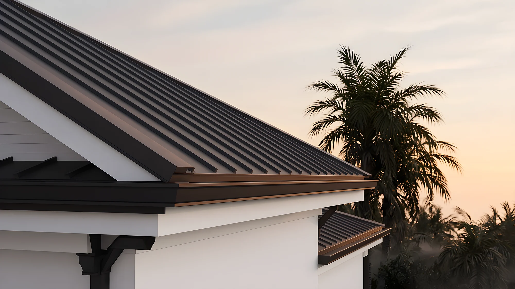 Dark standing-seam metal roof edge on a white Florida home with a palm tree at sunset