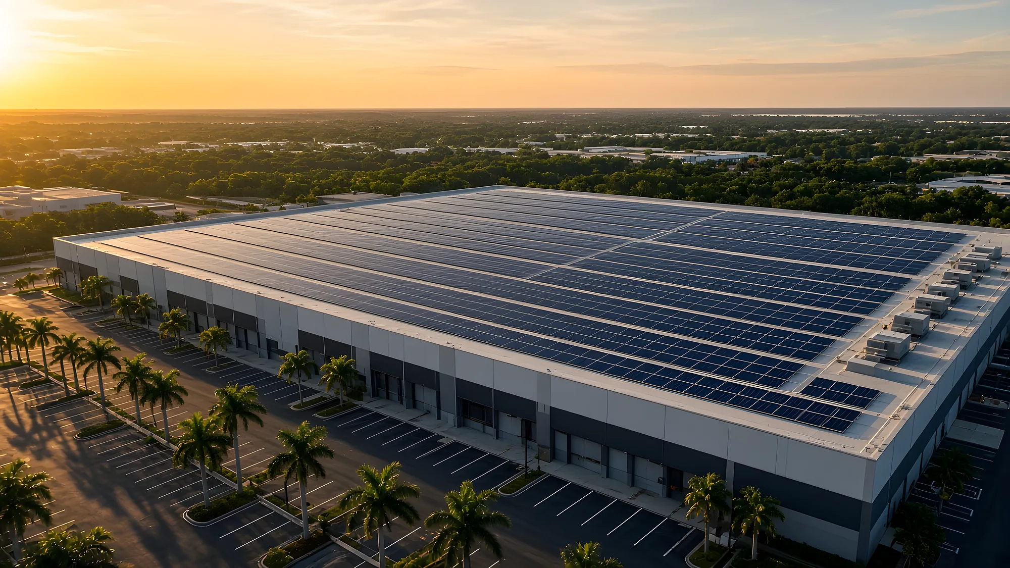 Aerial view of a commercial warehouse with rooftop solar panels at golden hour