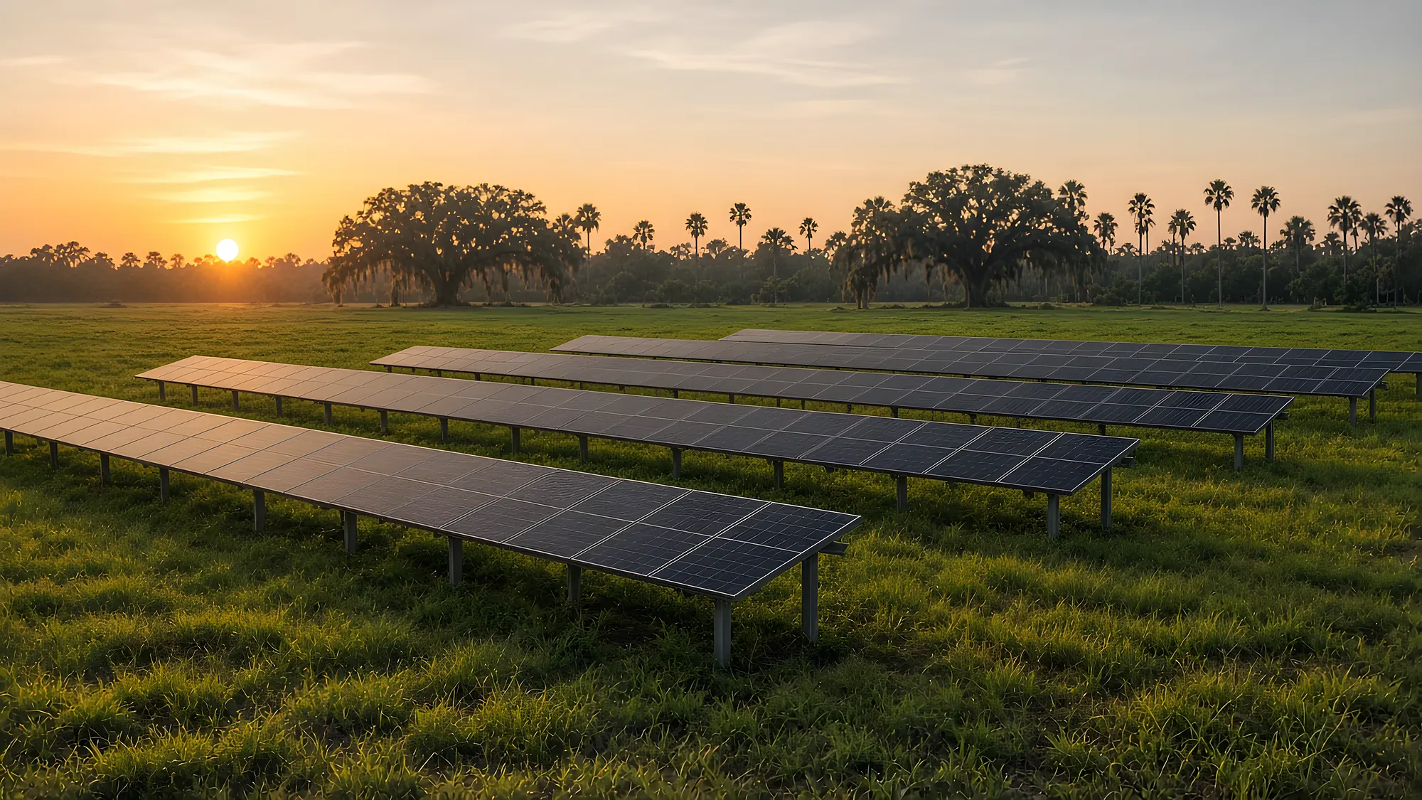 Rows of ground-mounted solar panels on Florida farmland at sunset