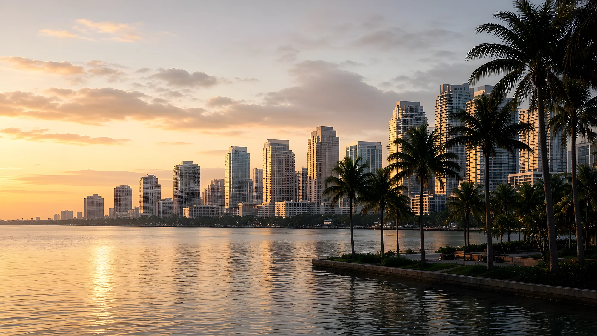 Florida waterfront skyline across a calm bay at golden hour