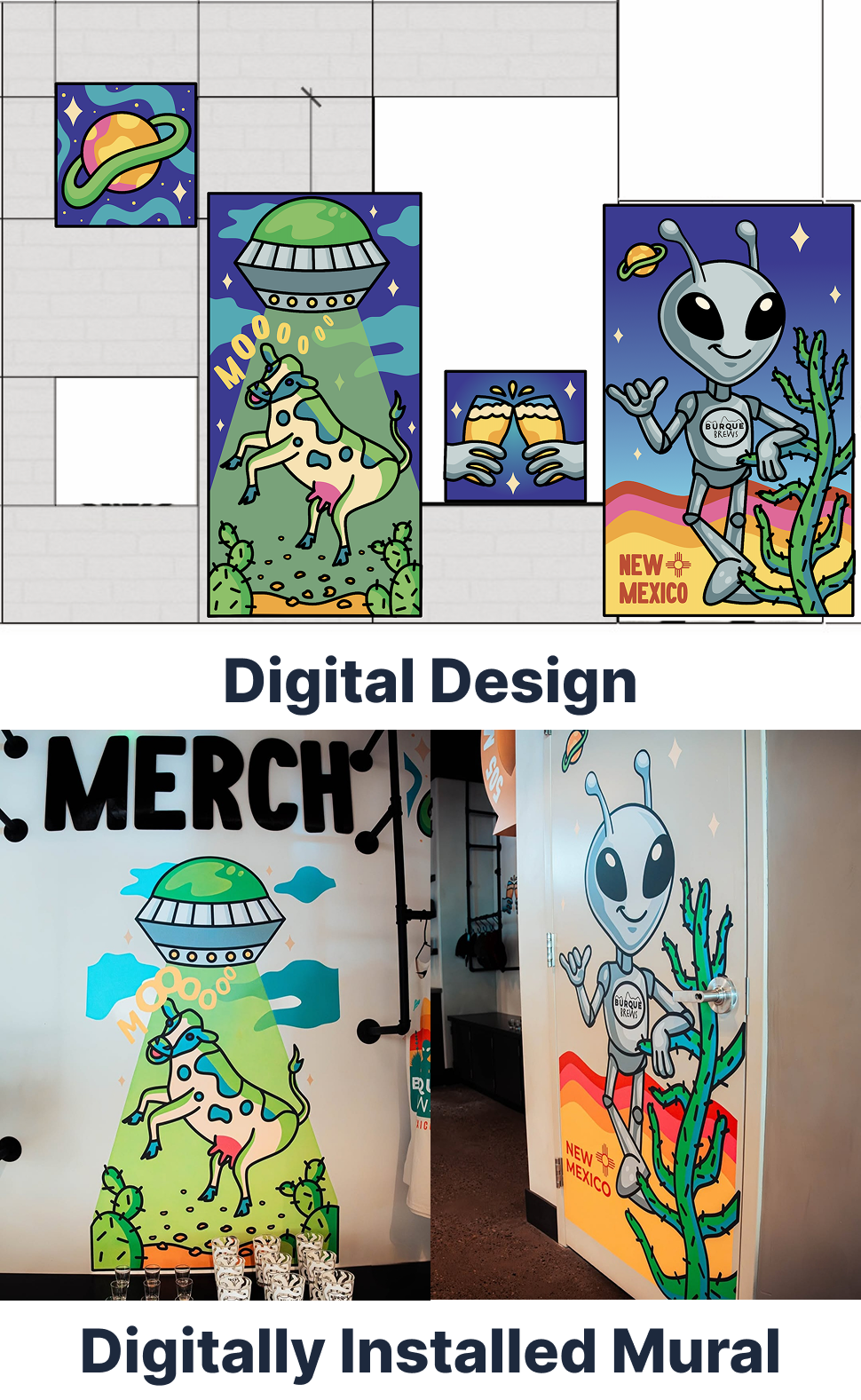 Custom digital mural design shown as a mockup and installed wall mural for Burque Brews