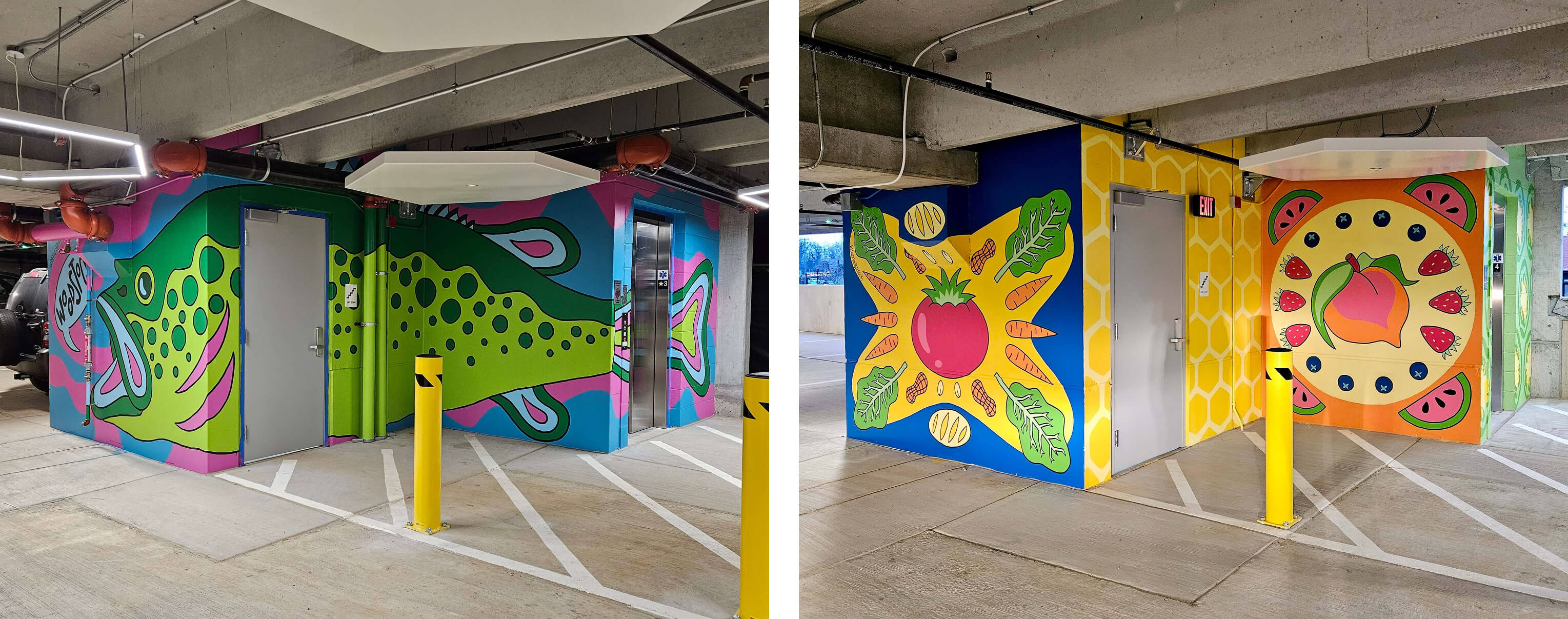 Two colorful parking deck murals by Brianna Gardocki in Woodstock, Georgia, featuring a bass fish and farmers market imagery.