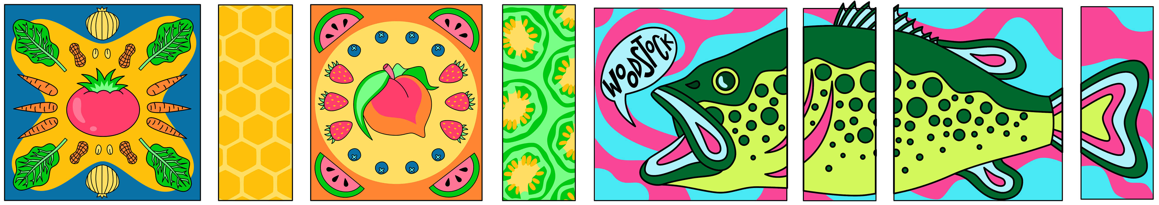 Digital concept designs for Woodstock parking deck murals by Brianna Gardocki, featuring a bass fish and farmers market imagery.