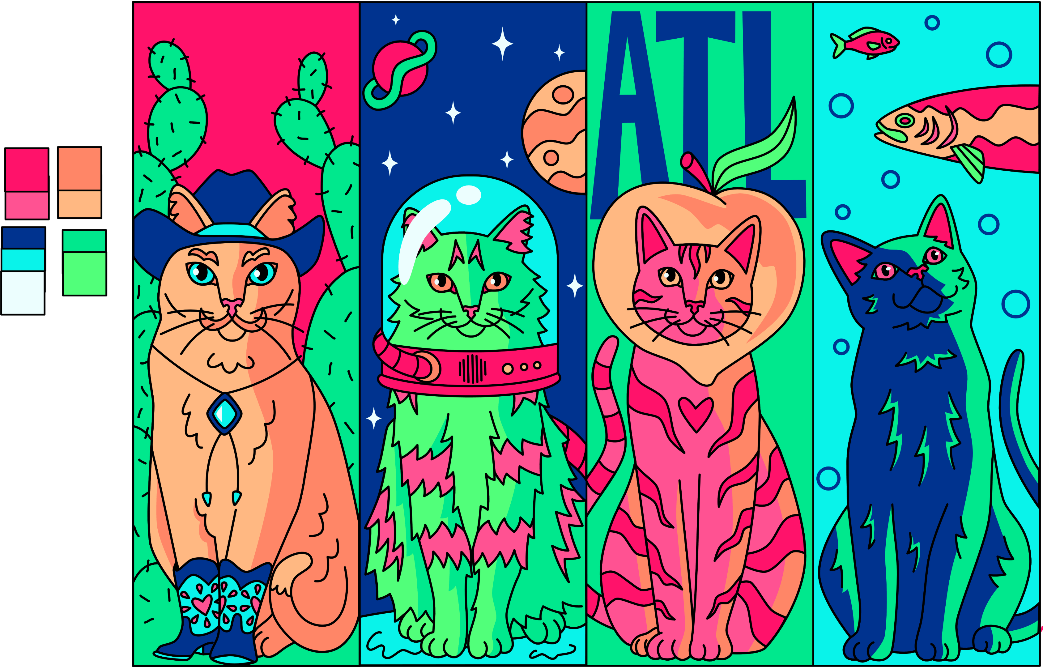 Digital mural rendering by Brianna Gardocki for Babe Walls Chamblee, featuring four colorful cats with bold linework, bright colors, and Atlanta-inspired imagery.