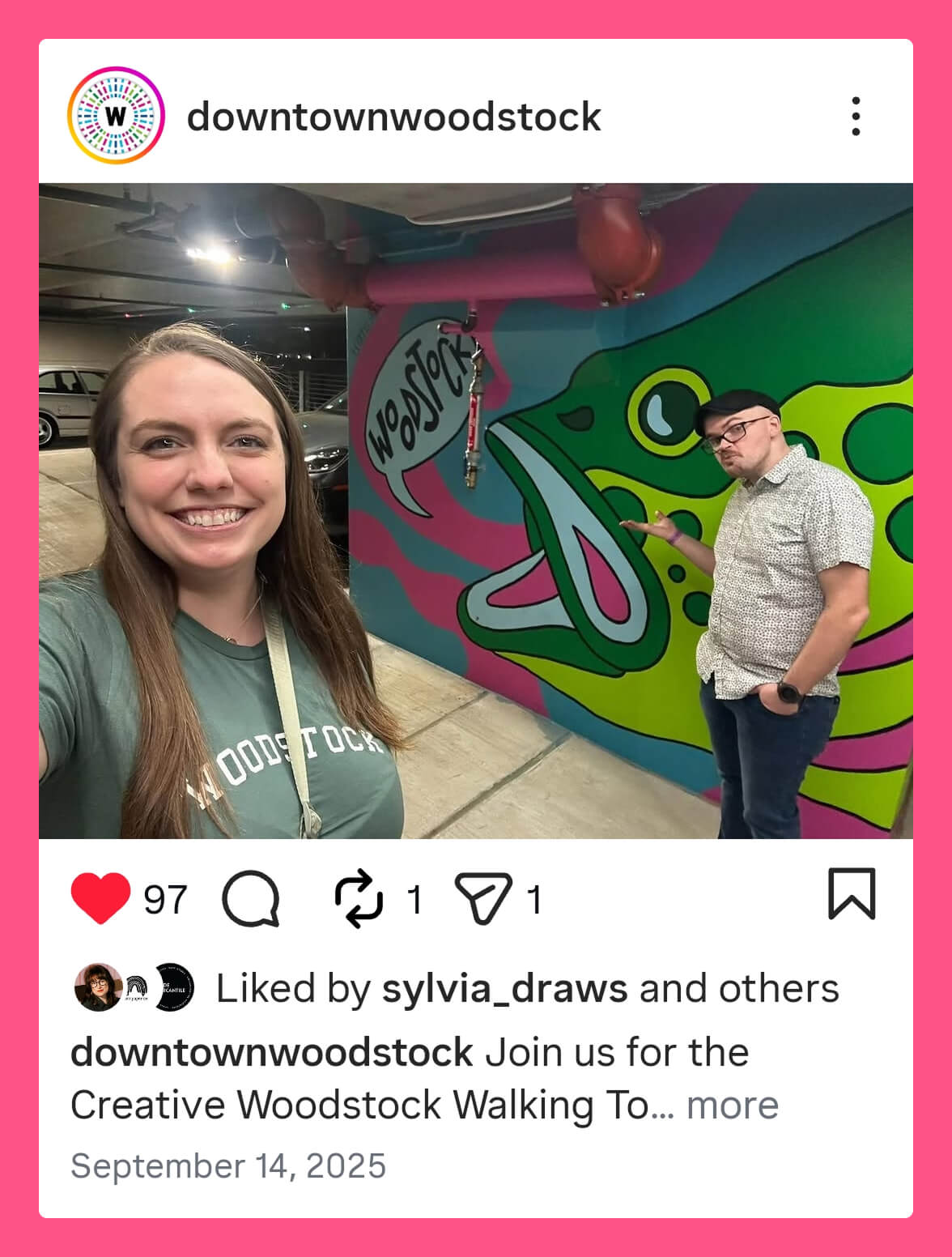 Downtown Woodstock social post promoting a Creative Woodstock walking tour featuring Brianna Gardocki’s bass mural.