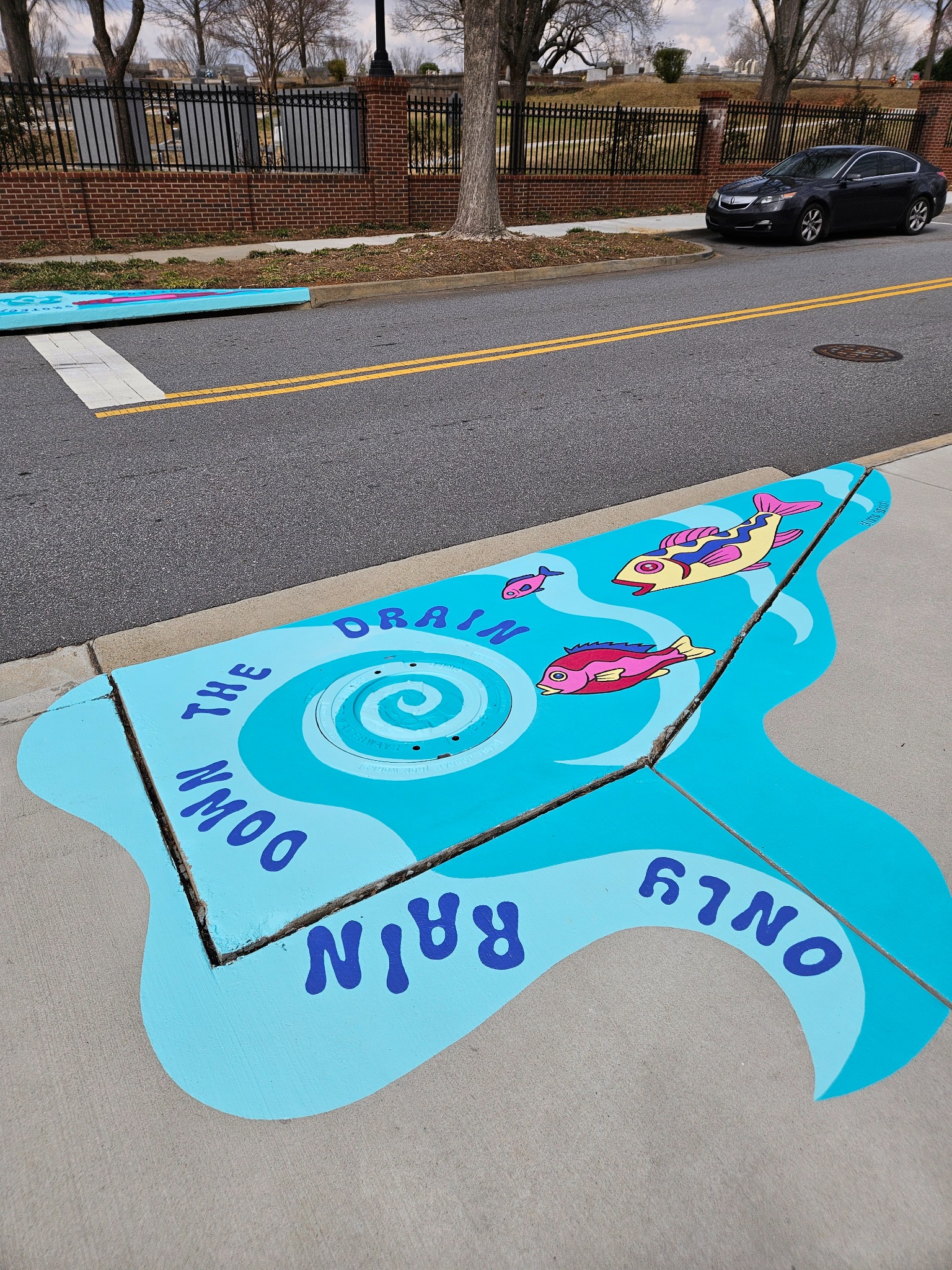 Storm drain mural by Brianna Gardocki painted on a sidewalk in Duluth, Georgia, with fish, water imagery, and a nearby street.