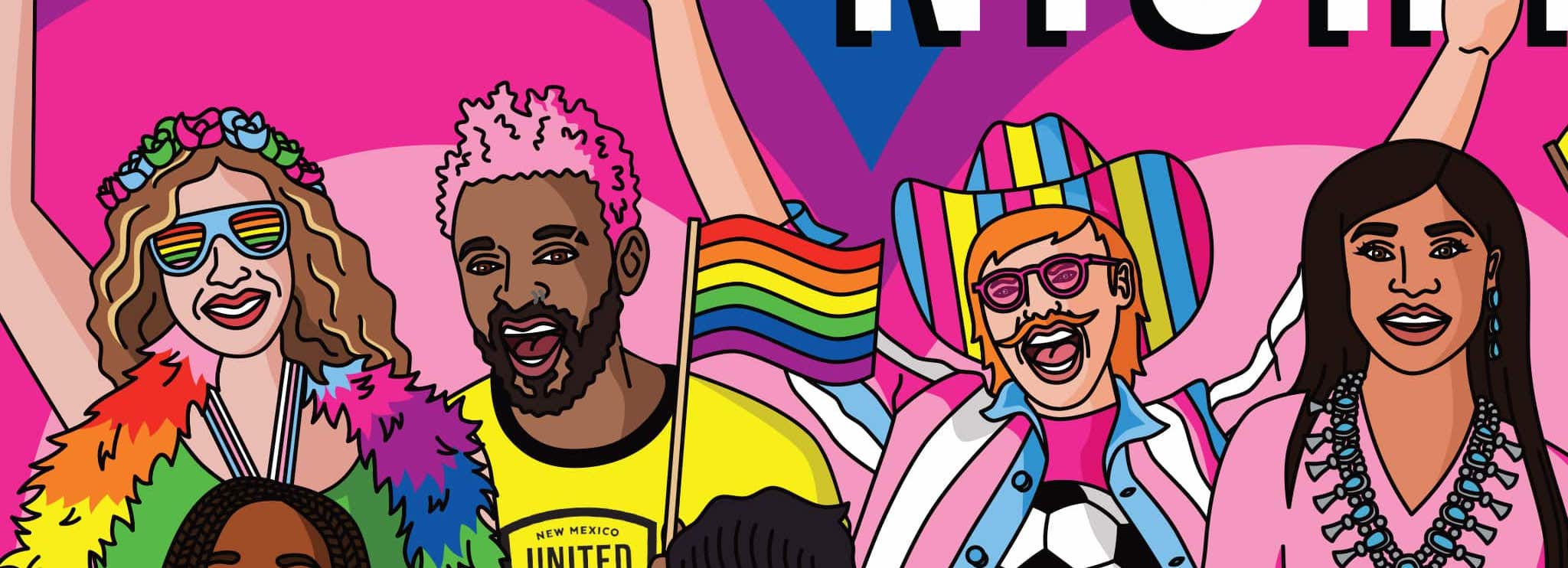 A poster design depicting diverse soccer fans celebrating Pride Month