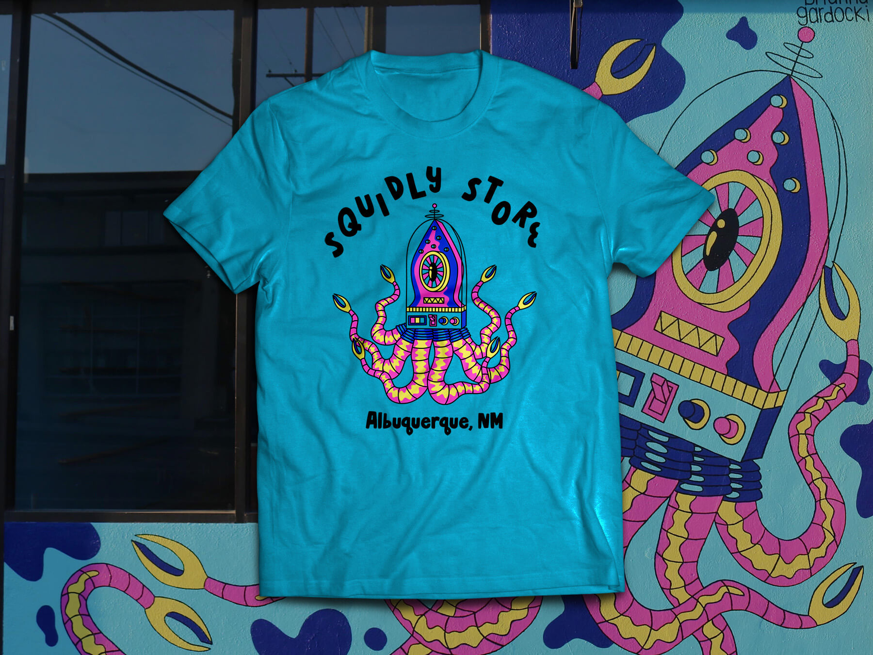 Custom branded merchandise designed by Brianna Gardocki for The Squidly Store in Albuquerque, New Mexico
