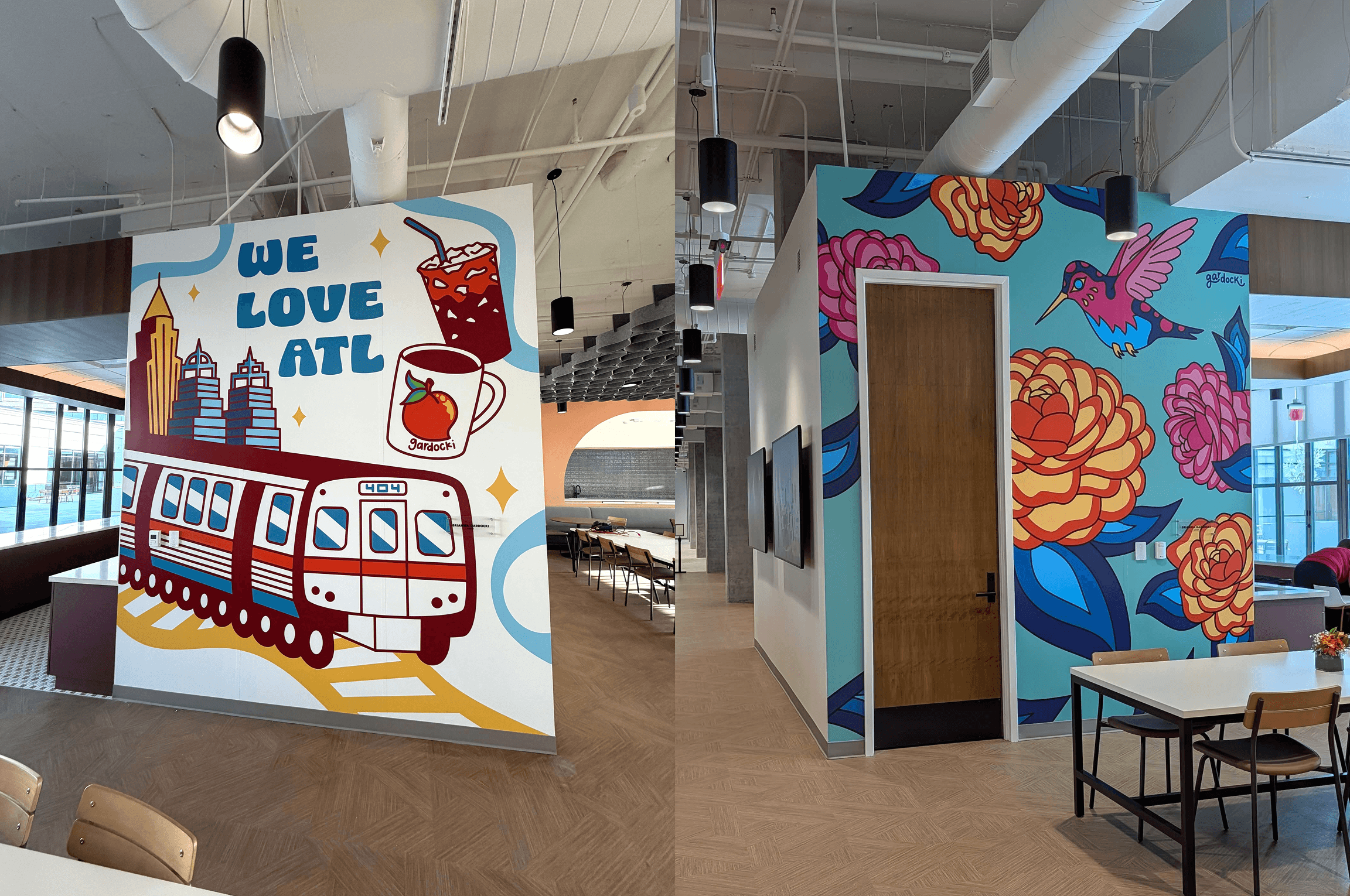Side-by-side views of Brianna Gardocki’s TriNet murals: We Love ATL with Atlanta landmarks and a MARTA train, and Among the Camellias with a hummingbird and flowers.