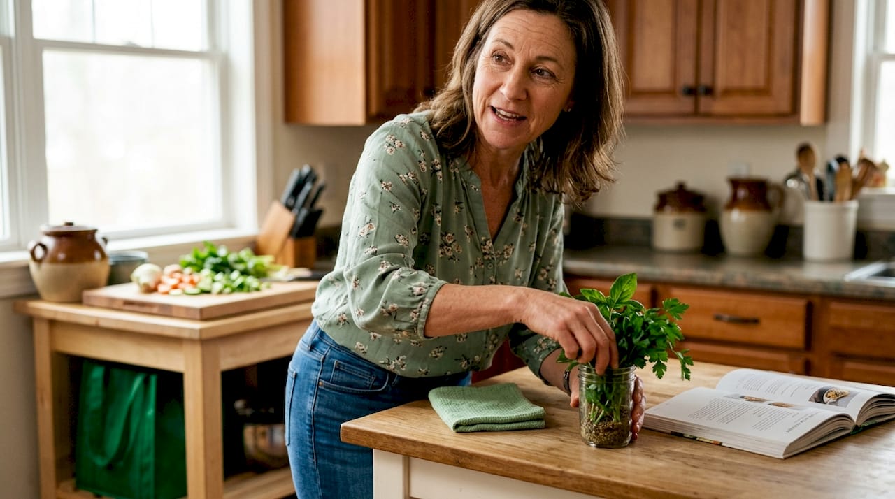 Dietitian explaining nutrition in kitchen