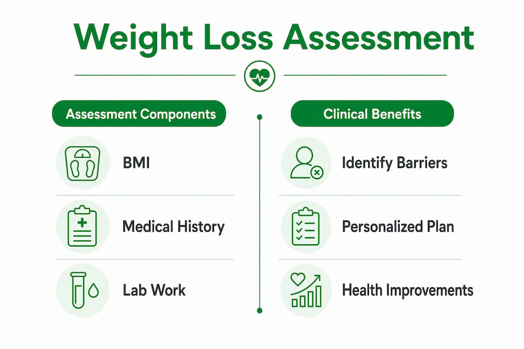 Infographic comparing weight loss assessment components and benefits