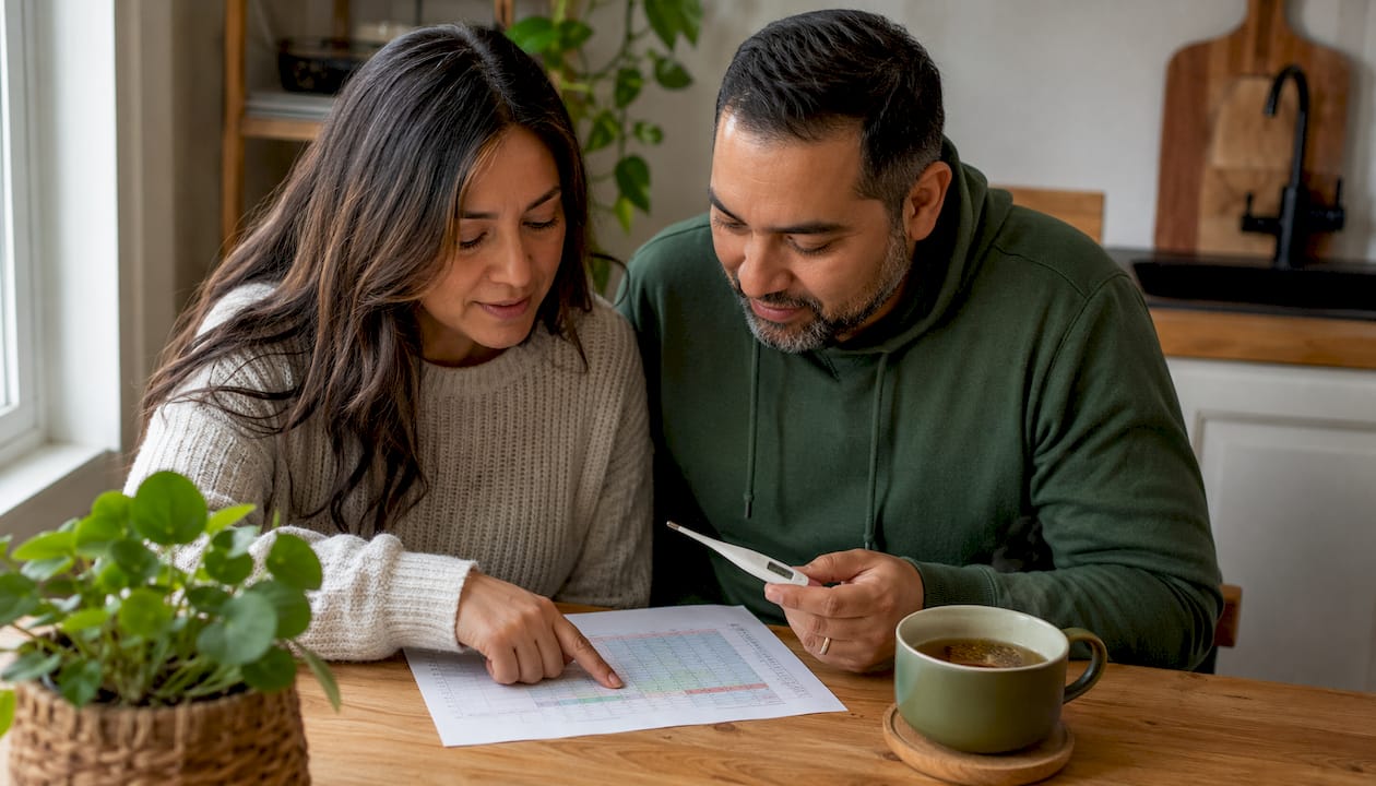 Couple reviewing symptothermal fertility chart
