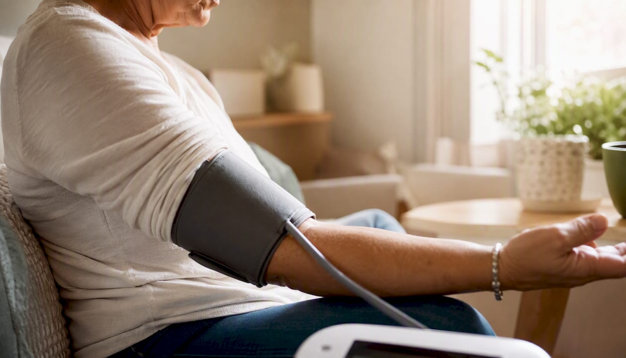 Patient arm with blood pressure cuff applied