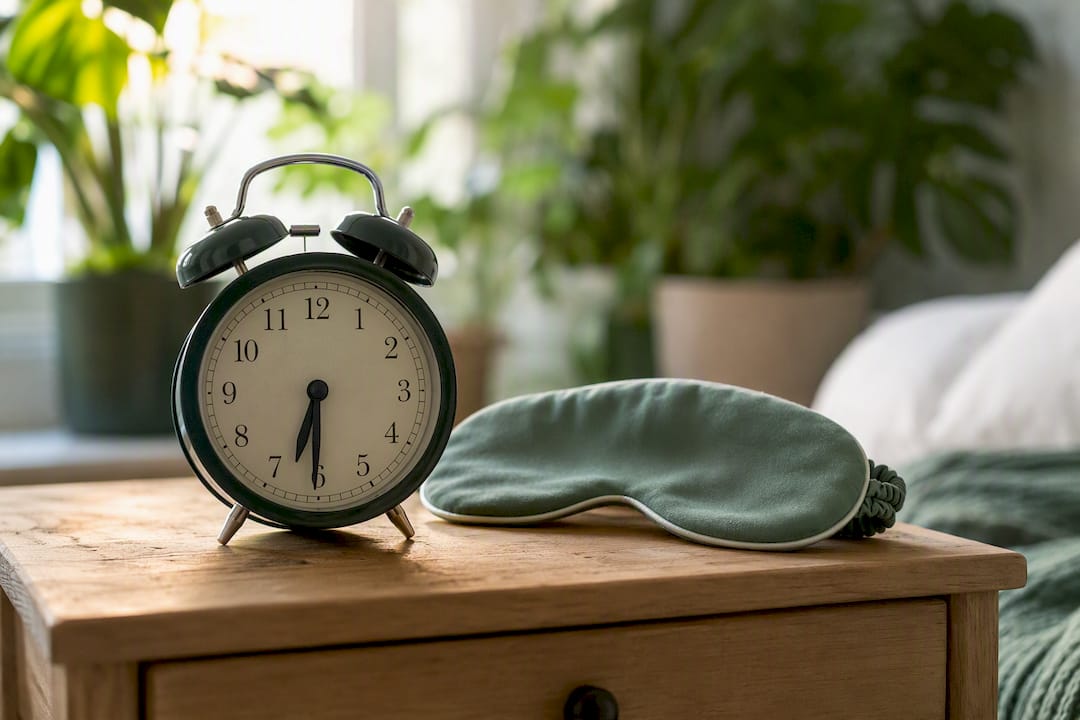 Morning alarm clock and sleep mask on table