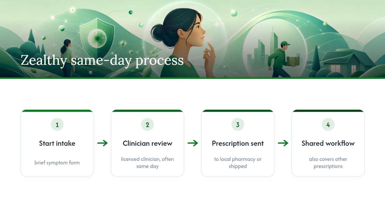How Zealthy gets you a same-day cold sore prescription — overview diagram
