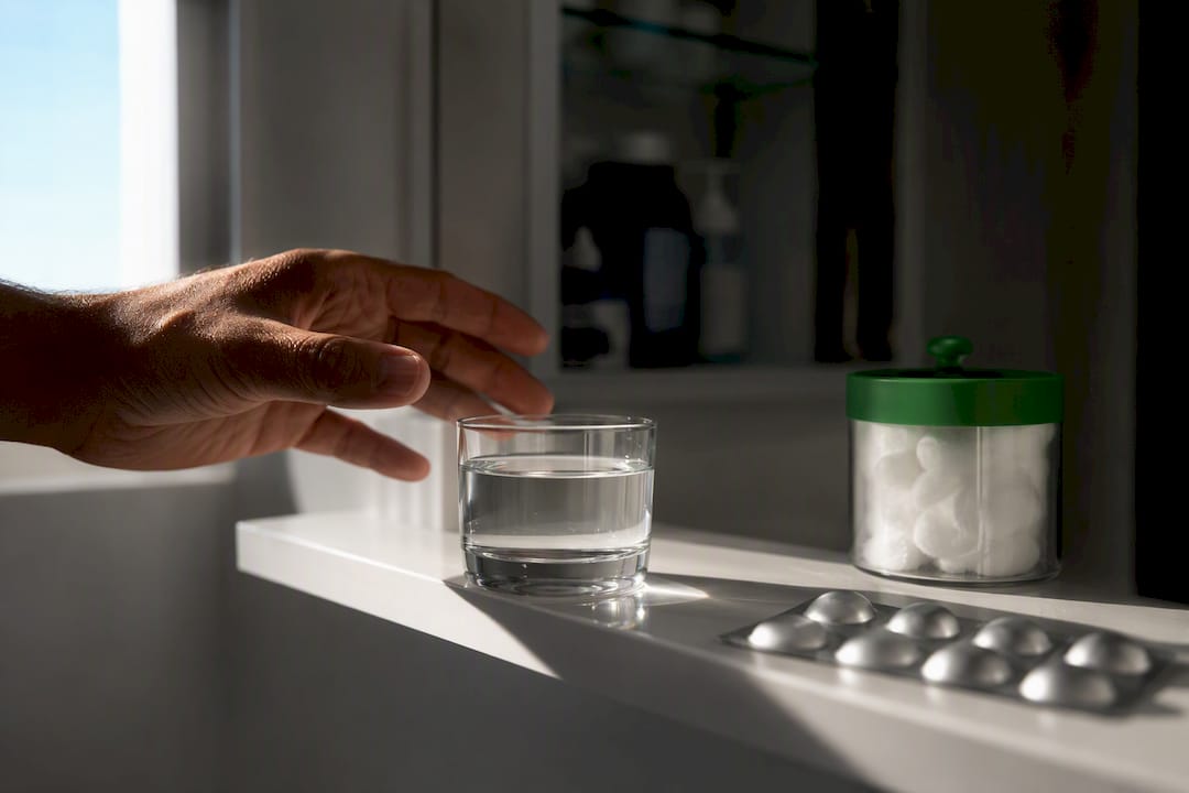 Anonymous medication and water on cabinet shelf