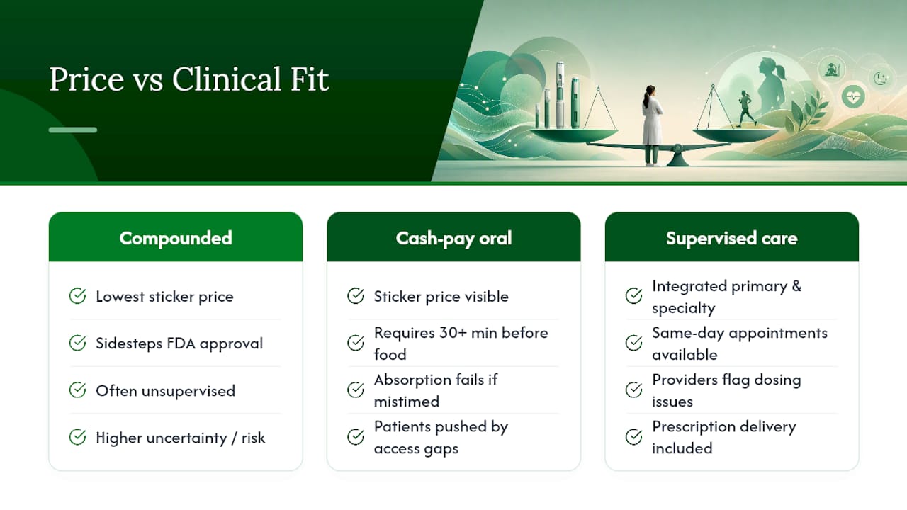 What Uninsured Patients Get Wrong About "Cheap" GLP-1s — overview diagram