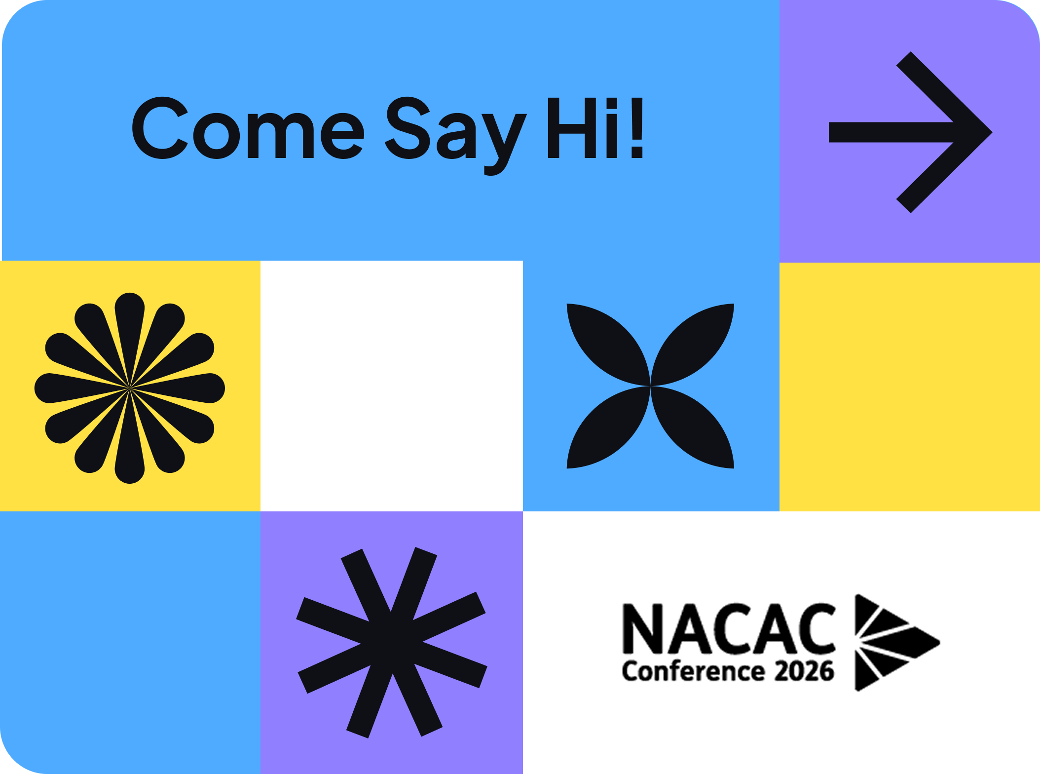 Blue speech bubble containing the text 'Come' in a black rounded rectangle and 'Say hi to us!' in a rounded rectangle with a waving hand icon on the right side.