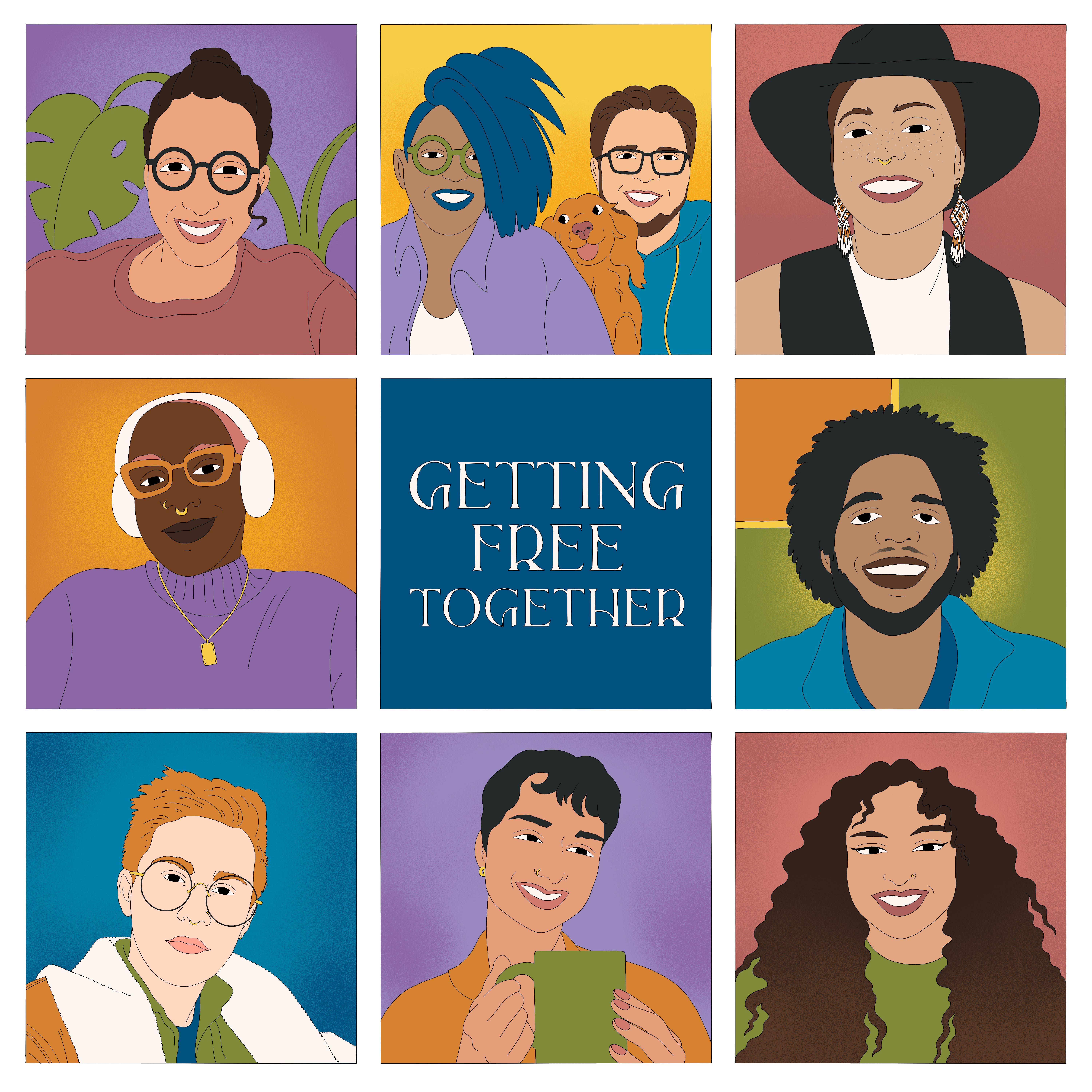An illustration with nine squares. In the center is a blue square that says "Getting Free Together. In the squares around it are a variety of smiling people, the majority of whom are Black and People of the Global Majority. Illustration by Sofie Birkin 