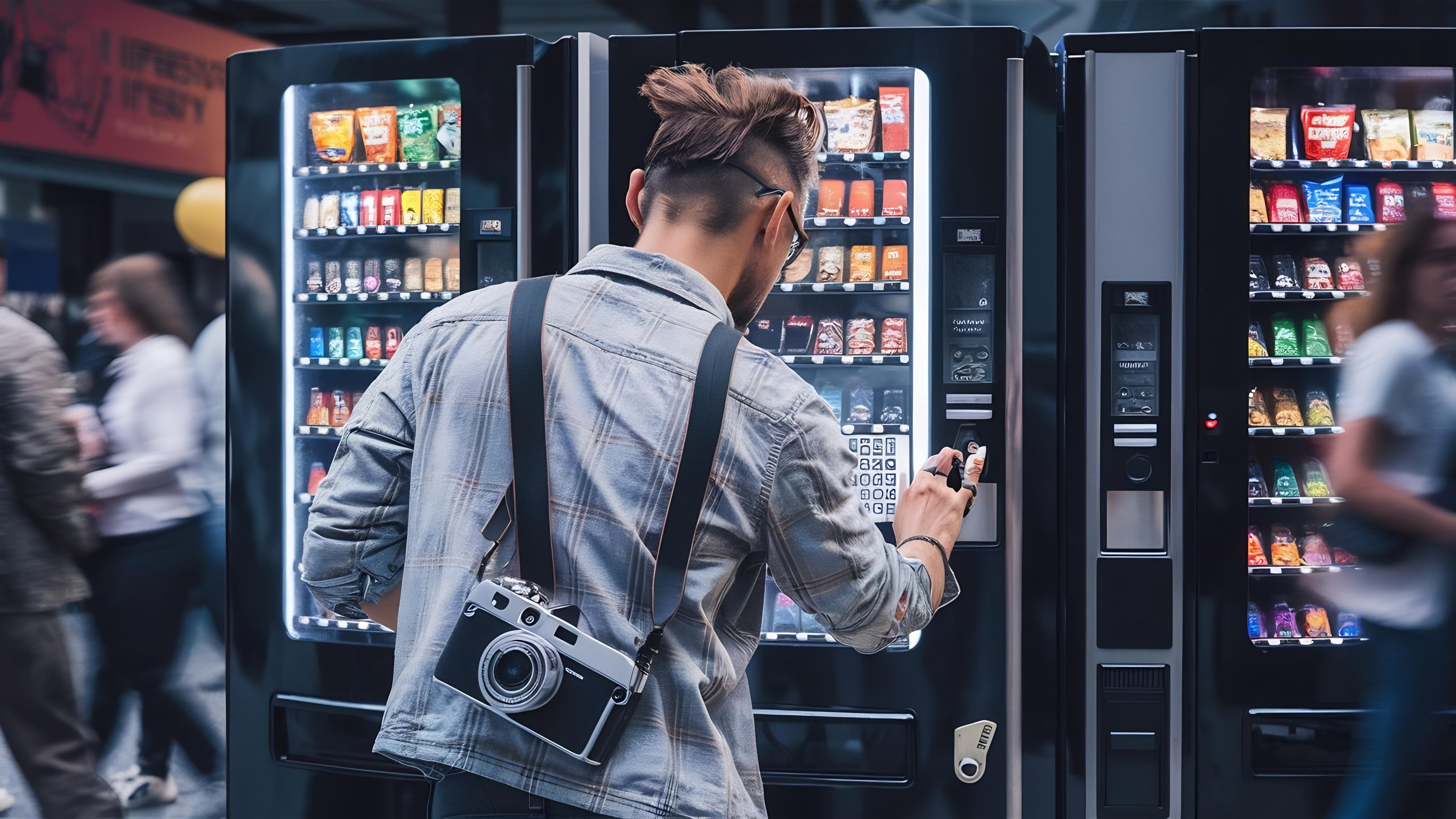 Man buying snacks and drinks from a vending machine in a busy public location in Canada.