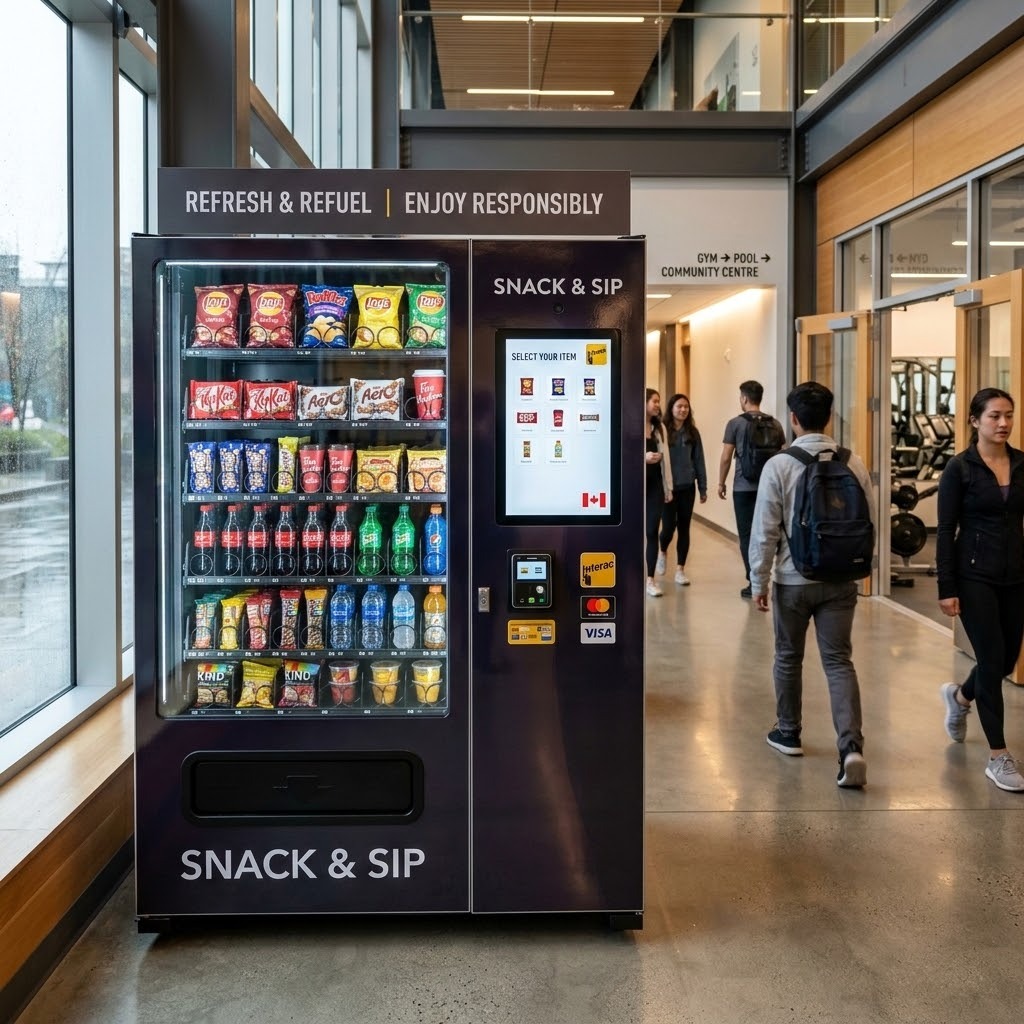 Modern vending machine in a Canadian office, school, gym, or commercial building
