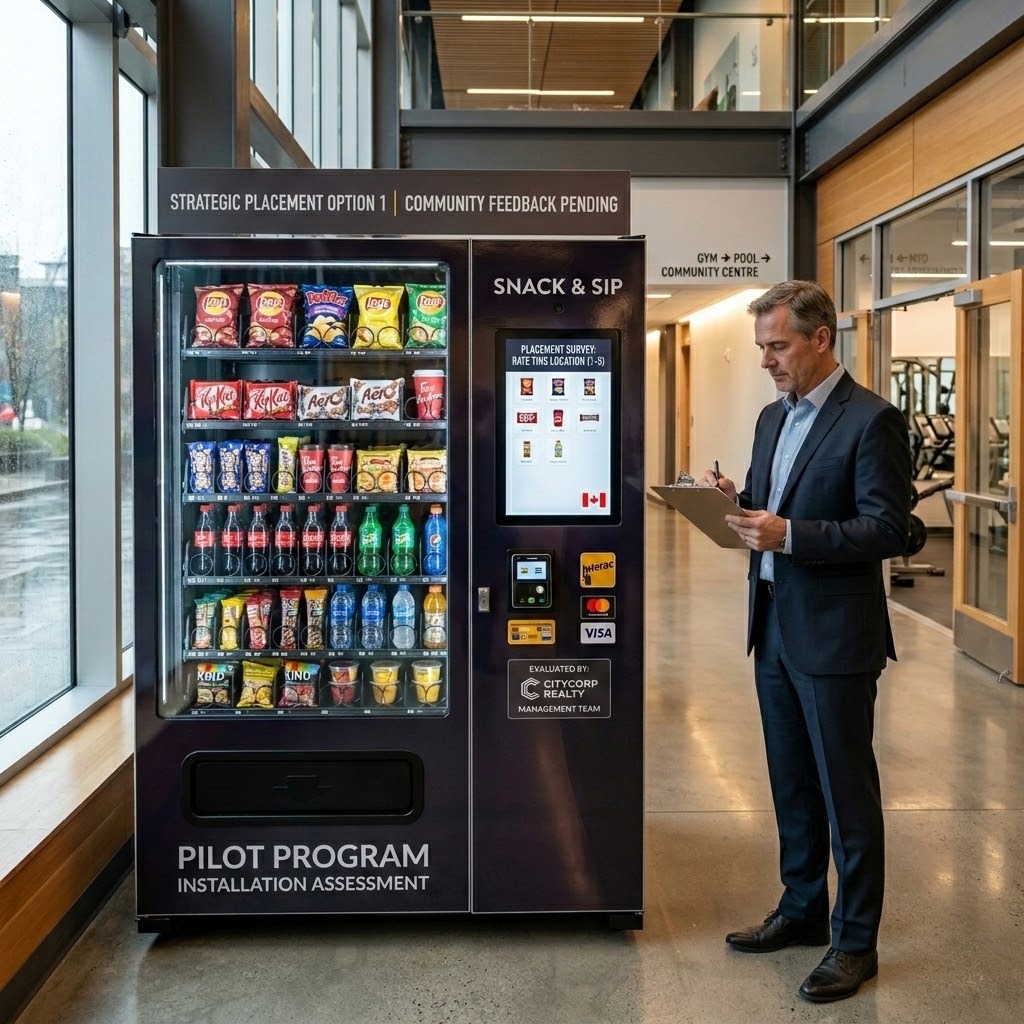 Business owner reviewing vending machine placement in an office or commercial building