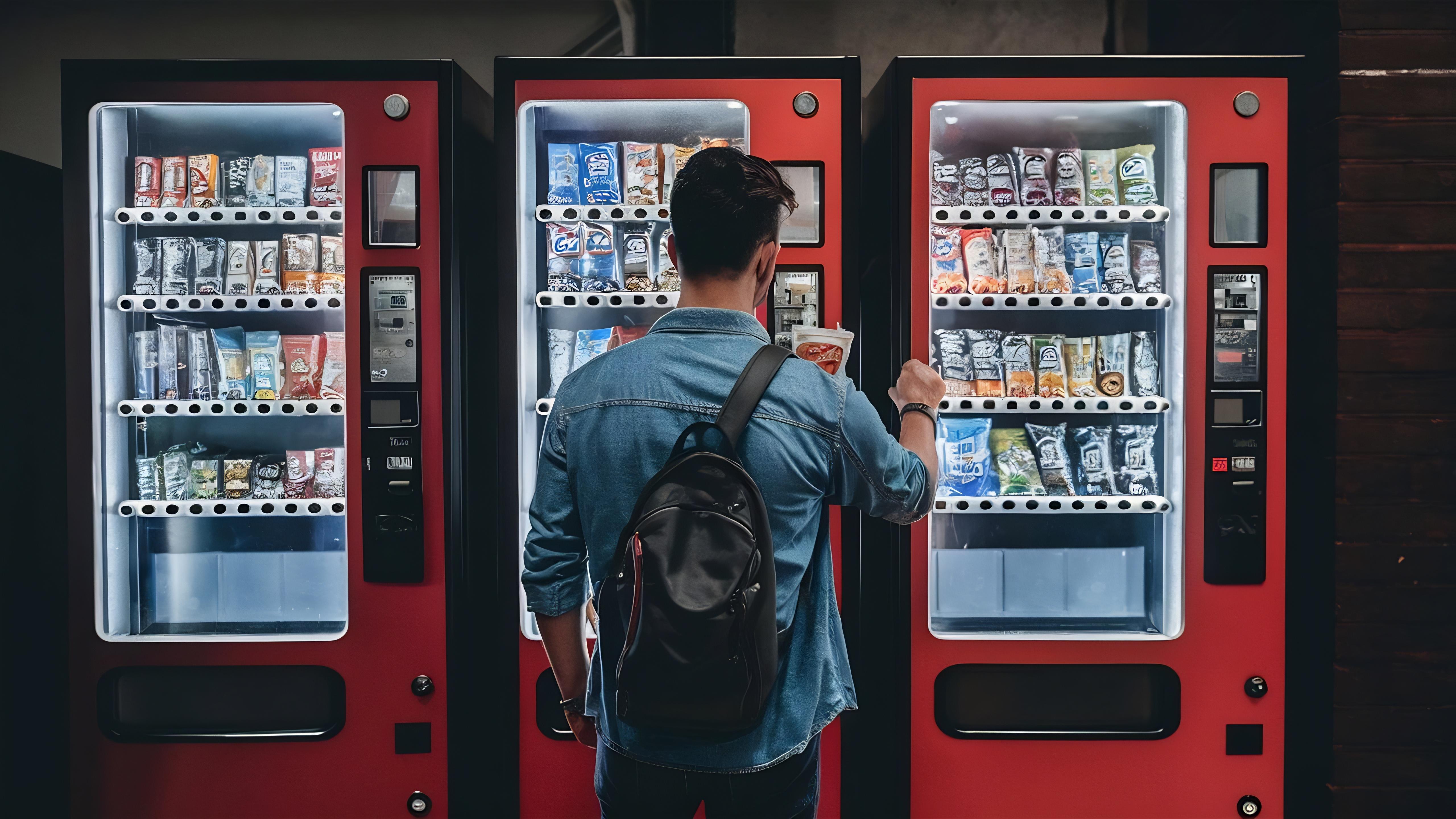 Customer using modern snack vending machines in a commercial building with cashless payment and grab-and-go food options.