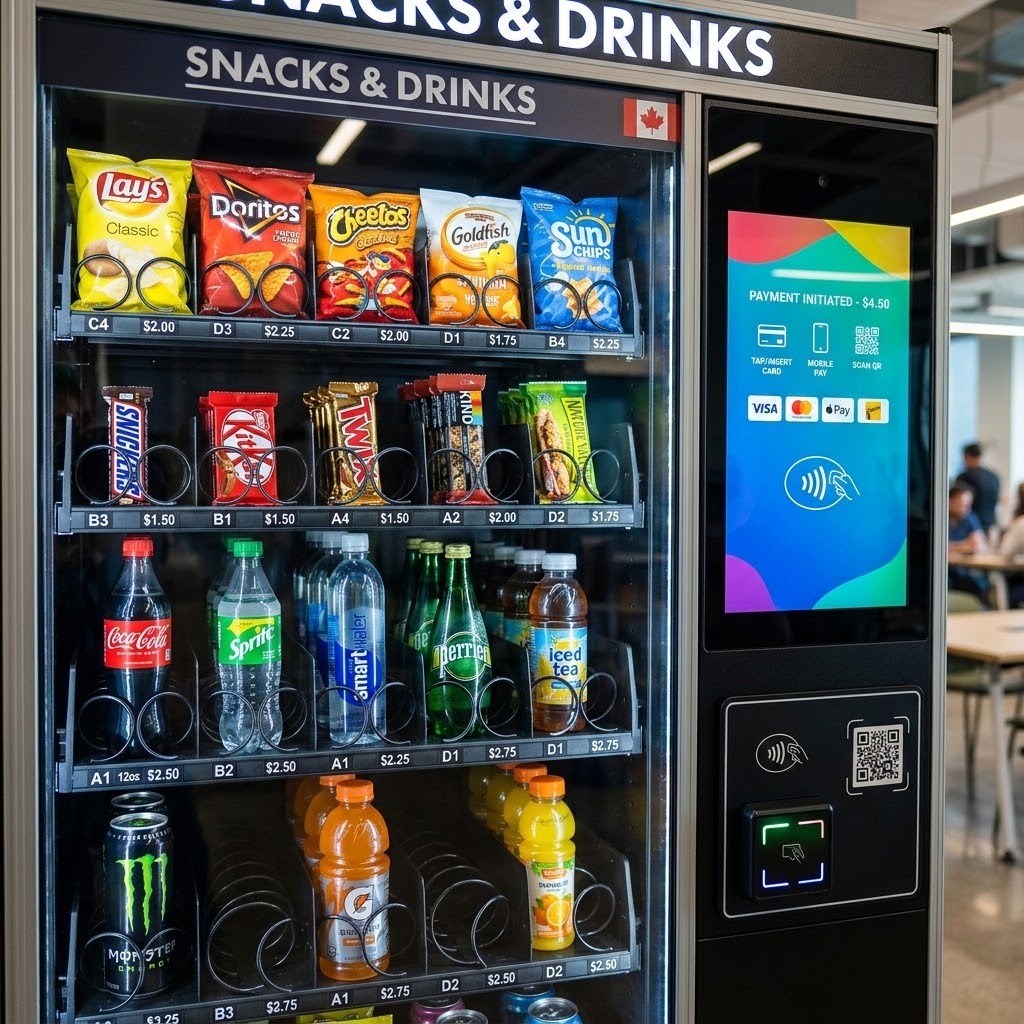 Close-up of a combo vending machine with snacks, drinks, and a cashless payment screen