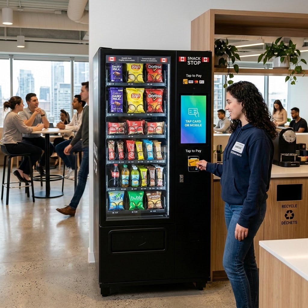 Modern vending machine in a Canadian office, school, gym, or commercial building
