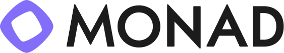 Monad brand logo featuring a stylized purple diamond shape and bold black text.