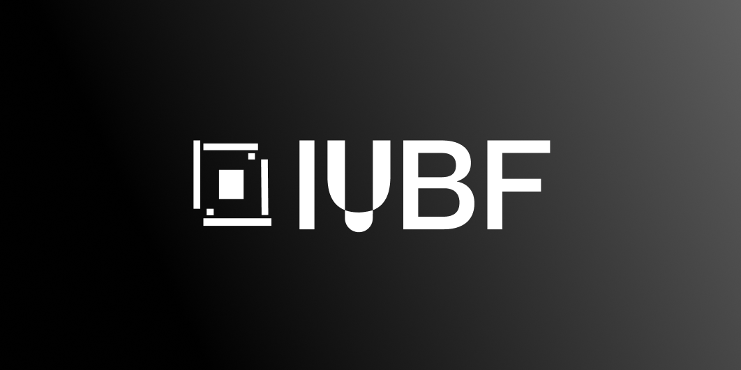 White IUBF logo with a stylized square design on a black to gray gradient background.