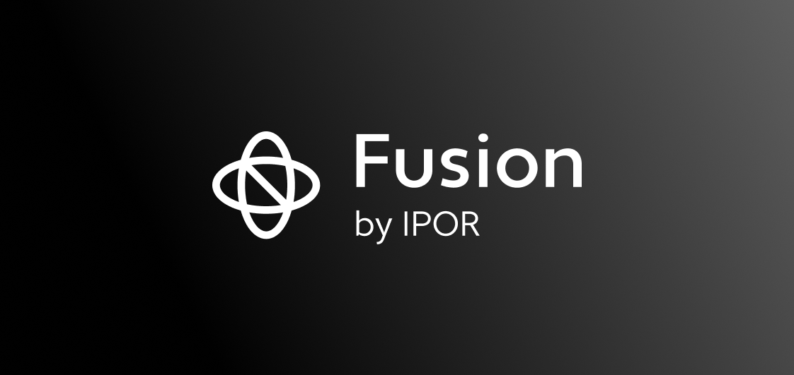 Fusion by IPOR white logo with intersecting ellipse shapes on dark gray gradient background.