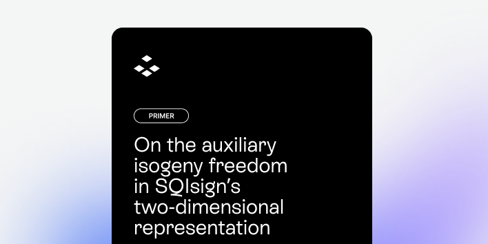 Black rectangle with white text titled 'On the auxiliary isogeny freedom in SQIsign’s two-dimensional representation' under a small label 'PRIMER' and a white logo consisting of four diamond shapes arranged in a square at the top left corner, on a light gradient background.