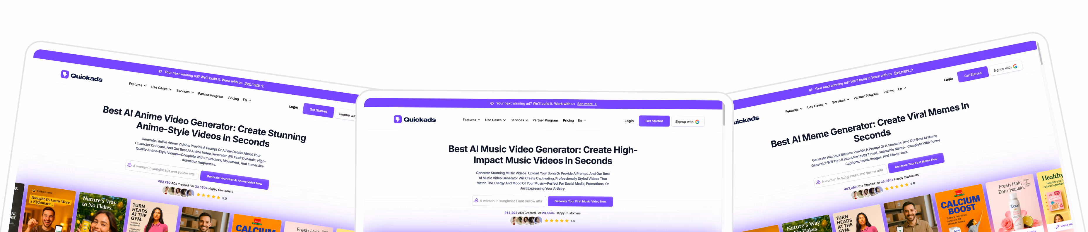 Three screens display Quickads AI generators for anime, music, and memes; purple accents