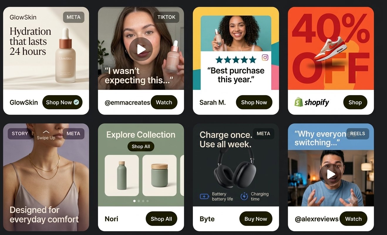 Example Quickads creatives for one brand across static, UGC, testimonial, sale and catalog formats