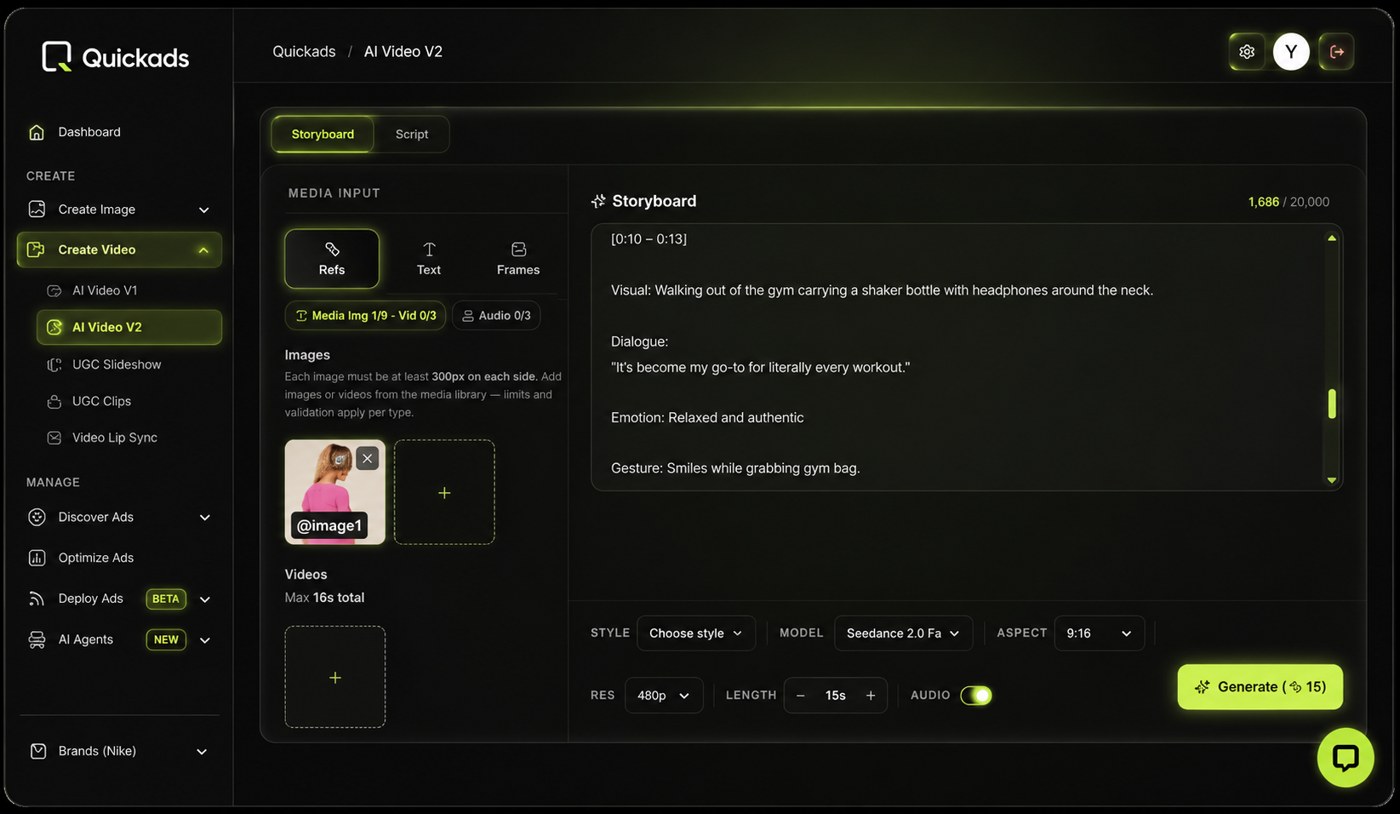 The Quickads AI video workspace: a storyboard with reference images, model and aspect controls, and a generate button.