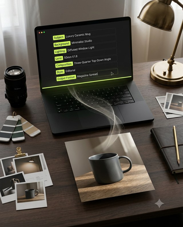 Prompt editor listing subject, background, lighting, lens and mood as separate layers